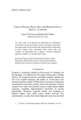 Clause As Message: Theme, Topic, and Information Flow in Mark 2:1–12 and Jude