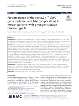 Predominance of the C.648G > T G6PC Gene Mutation and Late Complications in Korean Patients with Glycogen Storage Disease