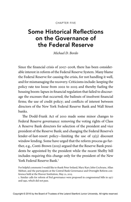 Some Historical Reflections on the Governance of the Federal Reserve by Michael D. Bordo