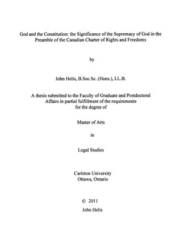 God and the Constitution: the Significance of the Supremacy of God in Preamble of the Canadian Charter of Rights and Freedoms
