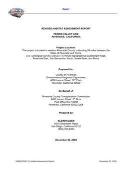 REVISED HABITAT ASSESSMENT REPORT PERRIS VALLEY LINE RIVERSIDE, CALIFORNIA Project Location