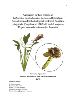 Application for Field Release of Listronotus Appendiculatus Leconte