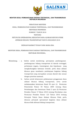 Petunjuk Operasional Kegiatan Dana Alokasi Khusus Fisik Afirmasi Bidang Transportasi Tahun Anggaran 2018