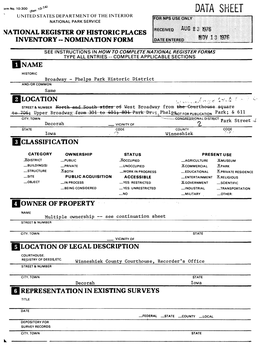 Data Sheet United States Department of the Interior National Park Service National Register of Historic Places Inventory -- Nomination Form