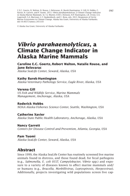 Vibrio Parahaemolyticus, a Climate Change Indicator in Alaska Marine Mammals