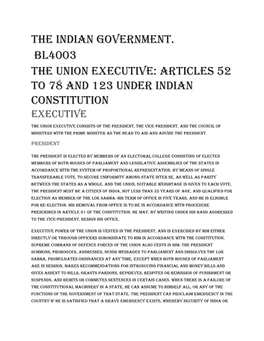 Articles 52 to 78 and 123 Under Indian Constitution Executive