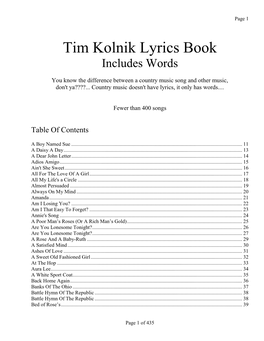 Tim Kolnik Lyrics Book Includes Words