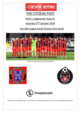 THE CITIZENS POST WCFC V Highworth Town FC Saturday 27Th October 2018 Evo-Stik League South Division One South