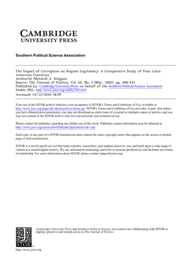 The Impact of Corruption on Regime Legitimacy: a Comparative Study of Four Latin American Countries Author(S): Mitchell A