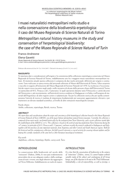 I Musei Naturalistici Metropolitani Nello Studio E Nella Conservazione Della Biodiversità Erpetologica