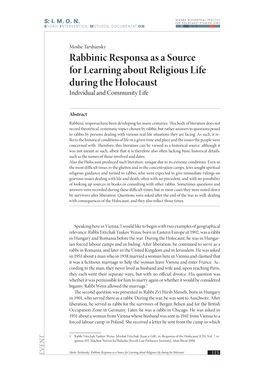 Rabbinic Responsa As a Source for Learning About Religious Life During the Holocaust Individual and Community Life