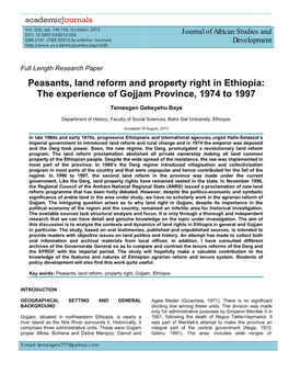 Peasants, Land Reform and Property Right in Ethiopia: the Experience of Gojjam Province, 1974 to 1997