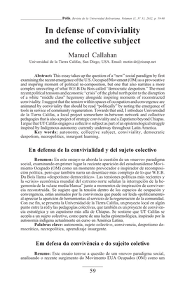 In Defense of Conviviality and the Collective Subject Manuel Callahan Universidad De La Tierra Califas, San Diego, USA