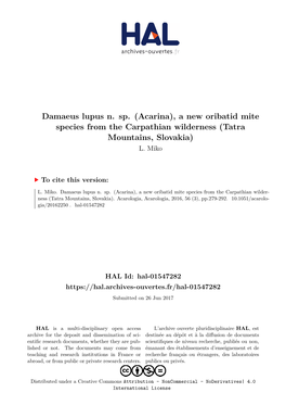 A New Oribatid Mite Species from the Carpathian Wilderness (Tatra Mountains, Slovakia) L