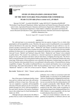 Study on Pollination and Selection of the Most Suitable Pollinizers for Commercial Pear Cultivars (Pyrus Communis L.) in Iran