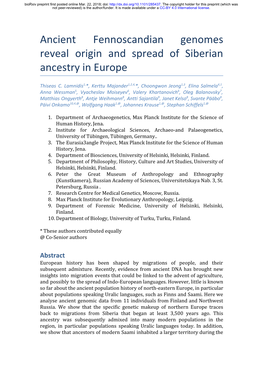 Ancient Fennoscandian Genomes Reveal Origin and Spread of Siberian Ancestry in Europe ​ ​ ​ ​ 1, 1,2,4, 1,3 4,1 Thiseas C