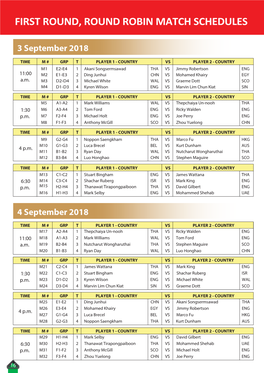 First Round, Round Robin Match Schedules