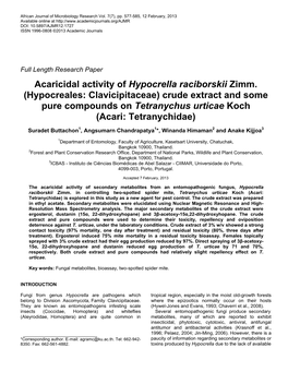 Acaricidal Activity of Hypocrella Raciborskii Zimm