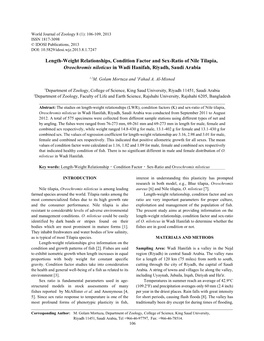 Length-Weight Relationships, Condition Factor and Sex-Ratio of Nile Tilapia, Oreochromis Niloticus in Wadi Hanifah, Riyadh, Saudi Arabia
