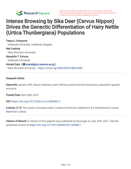 Intense Browsing by Sika Deer (Cervus Nippon) Drives the Genectic Differentiation of Hairy Nettle (Urtica Thunbergiana) Populations