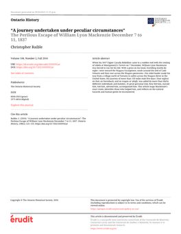 The Perilous Escape of William Lyon Mackenzie December 7 to 11, 1837 Christopher Raible