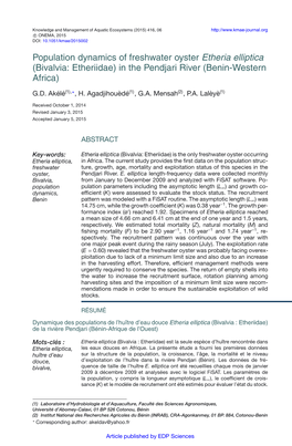 Population Dynamics of Freshwater Oyster Etheria Elliptica (Bivalvia: Etheriidae) in the Pendjari River (Benin-Western Africa)