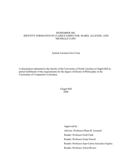 REMEMBER ME: IDENTITY FORMATION in CLARICE LISPECTOR, ISABEL ALLENDE, and MICHELLE CLIFF. Jeanine Luciana Lino Costa a Dissertat