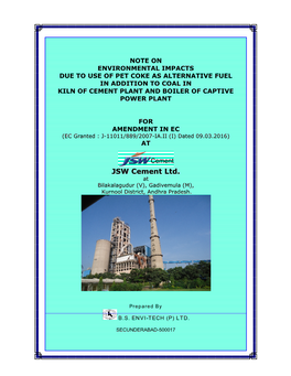 JSW Cement Ltd. at Bilakalagudur (V), Gadivemula (M), Kurnool District, Andhra Pradesh