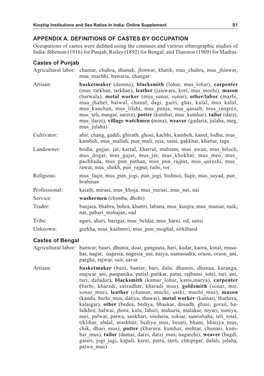 APPENDIX A. DEFINITIONS of CASTES by OCCUPATION Occupations of Castes Were Defined Using the Censuses and Various Ethnographic S