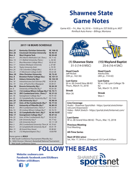 FOLLOW the BEARS Shawnee State Game Notes