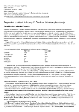 Regionální Oddělení Knihovny V. Čtvrtka V Jičíně Se Představuje