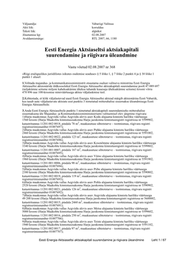 Eesti Energia Aktsiaseltsi Aktsiakapitali Suurendamine Ja Riigivara Üleandmine