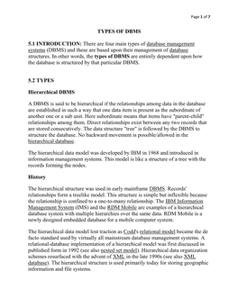There Are Four Main Types of Database Management Systems (DBMS) and These Are Based Upon Their Management of Database Structures