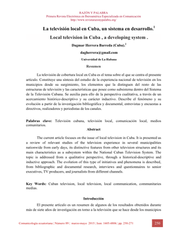 La Televisión Local En Cuba, Un Sistema En Desarrollo.1 Local Television in Cuba , a Developing System