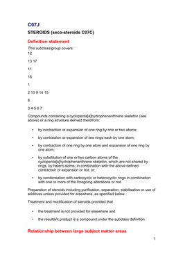 STEROIDS (Seco-Steroids C07C) Definition Statement Relationship Between Large Subject Matter Areas