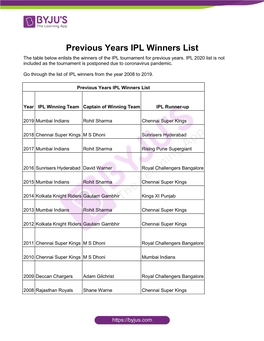 IPL Winners List the Table Below Enlists the Winners of the IPL Tournament for Previous Years