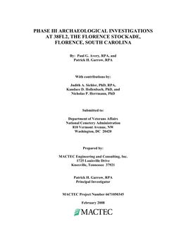 Phase Iii Archaeological Investigations at 38Fl2, the Florence Stockade, Florence, South Carolina