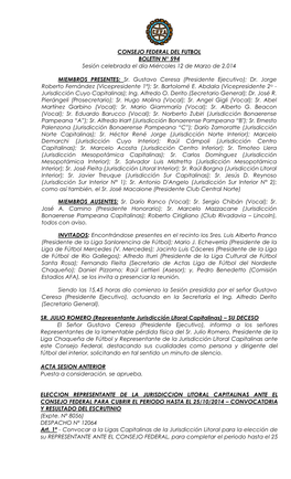 CONSEJO FEDERAL DEL FUTBOL BOLETIN N° 594 Sesión Celebrada El Día Miércoles 12 De Marzo De 2.014