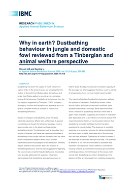 Why in Earth? Dustbathing Behaviour in Jungle and Domestic Fowl Reviewed from a Tinbergian And