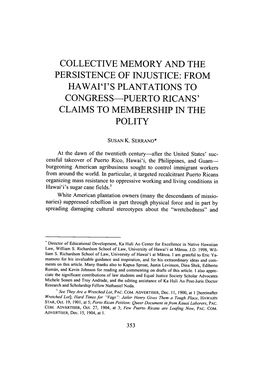 Collective Memory and the Persistence of Injustice: from Hawai'i's Plantations to Congress-Puerto Ricans' Claims to Membership in the Polity