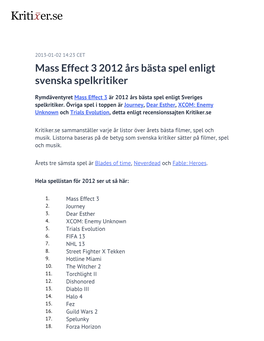 Mass Effect 3 2012 Års Bästa Spel Enligt Svenska Spelkritiker