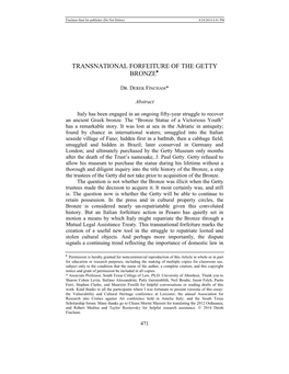 Transnational Forfeiture of the Getty Bronze