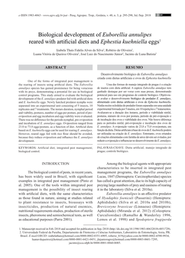 Biological Development of Euborellia Annulipes Reared with Artificial Diets Andephestia Kuehniella Eggs1