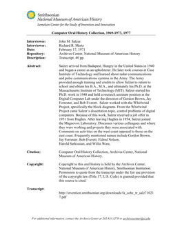 Computer Oral History Collection, 1969-1973, 1977 Interviewee: John