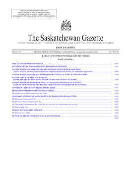 THE SASKATCHEWAN GAZETTE, 27 Novembre 2020 TABLE OF