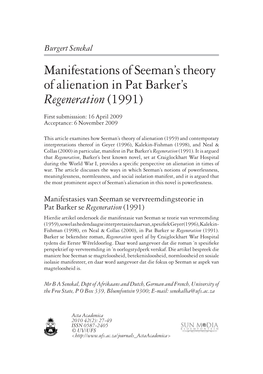 Manifestations of Seeman's Theory of Alienation in Pat Barker's