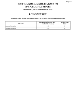 KBRF-AM, KJJK-AM, KJJK-FM, KZCR-FM EEO PUBLIC FILE REPORT December 1, 2018 - November 30, 2019