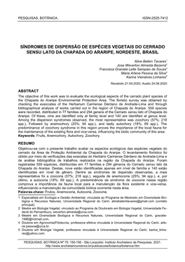 Síndromes De Dispersão De Espécies Vegetais Do Cerrado Sensu Lato Da Chapada Do Araripe, Nordeste, Brasil