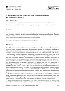 Zootaxa, a Summary of Reports of Abyssal and Hadal