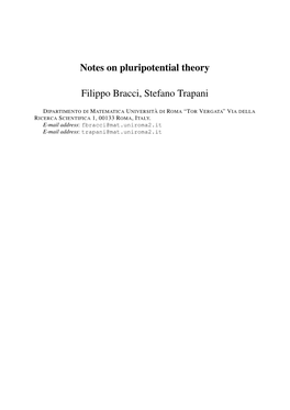 Notes on Pluripotential Theory Filippo Bracci, Stefano Trapani - Notes on Pluripotential Theory